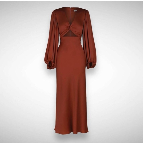 Shona Joy Luxe Twist Ballon Sleeve Cut Out Midi Dress Size US 8 Sangria - Picture 2 of 6